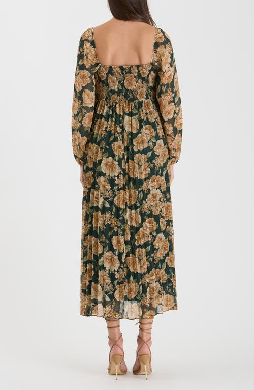 August Sky Floral Long Sleeve Empire Waist Maxi Dress In Hunter Green Multi