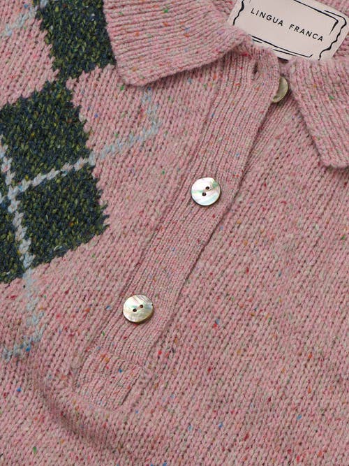 Lingua Franca Lee Wool-blend Tweed Argyle Polo Sweater In Rose Garden In Rose Garden