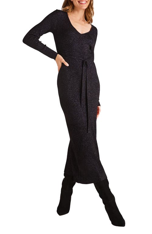 Bella Dahl Metallic Long Sleeve Tie Waist Sweater Dress In Black