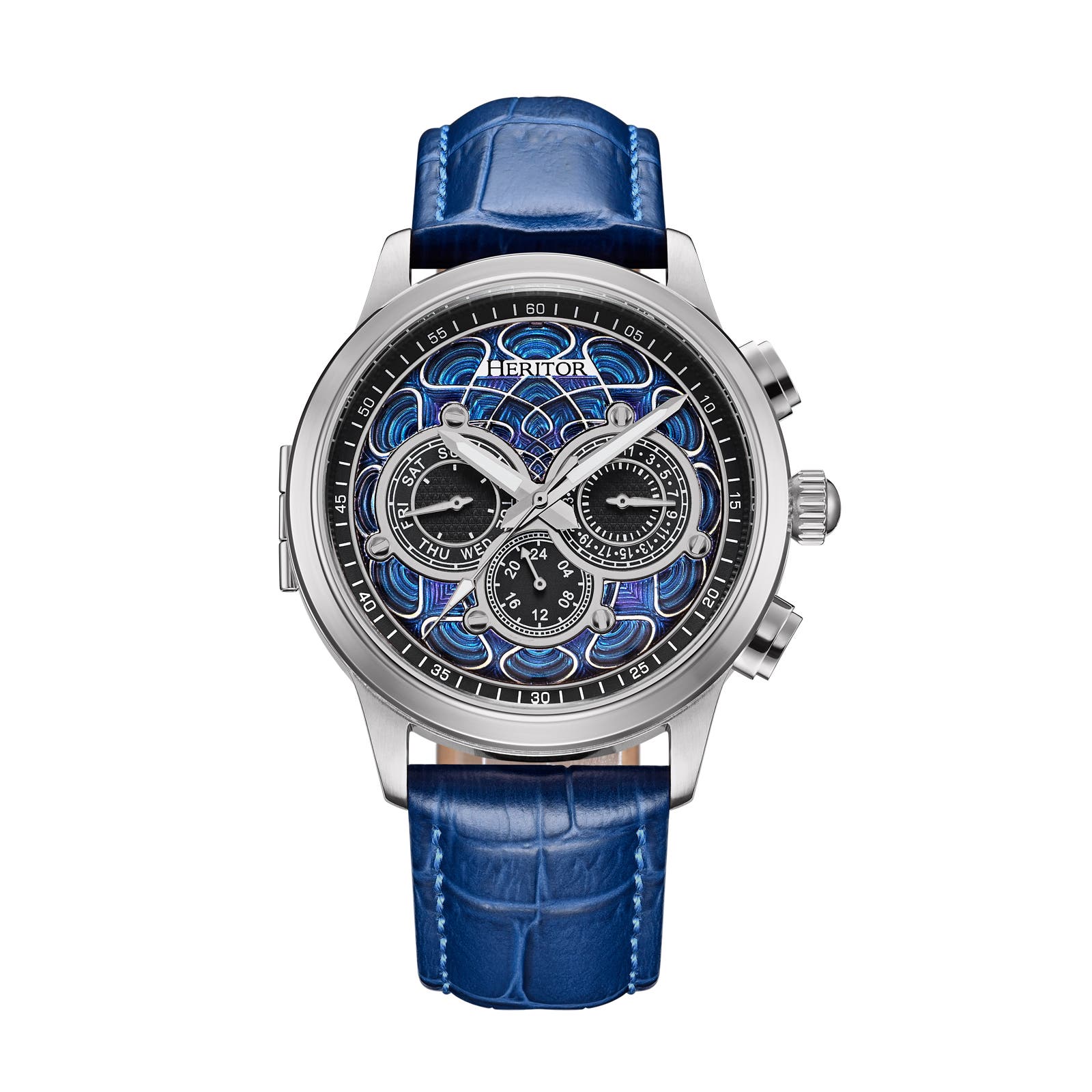 Heritor Automatic Apostle Leather-Band Watch w/ Day/Date in Silver/blue Cover