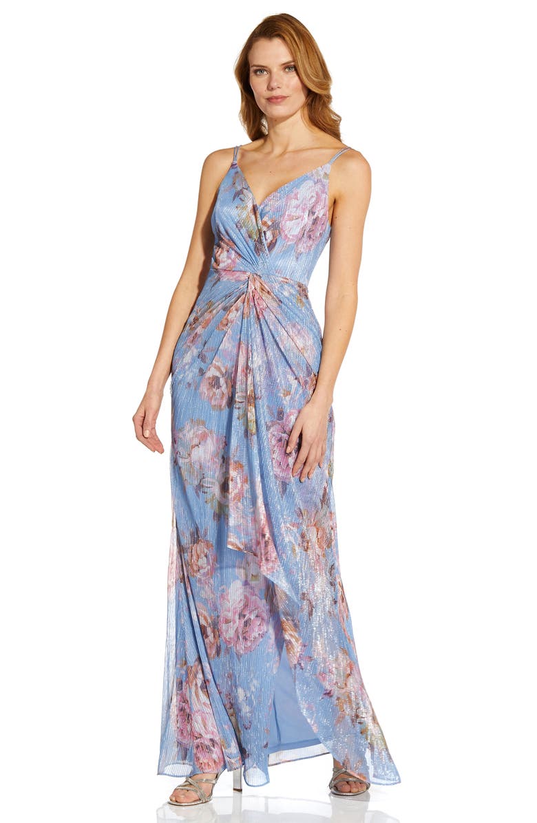 Adrianna Papell Metallic Floral Crinkle Mermaid Gown, Alternate, color, 