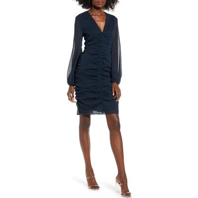 Leith Clip Dot Long Sleeve Shirred Minidress, Black