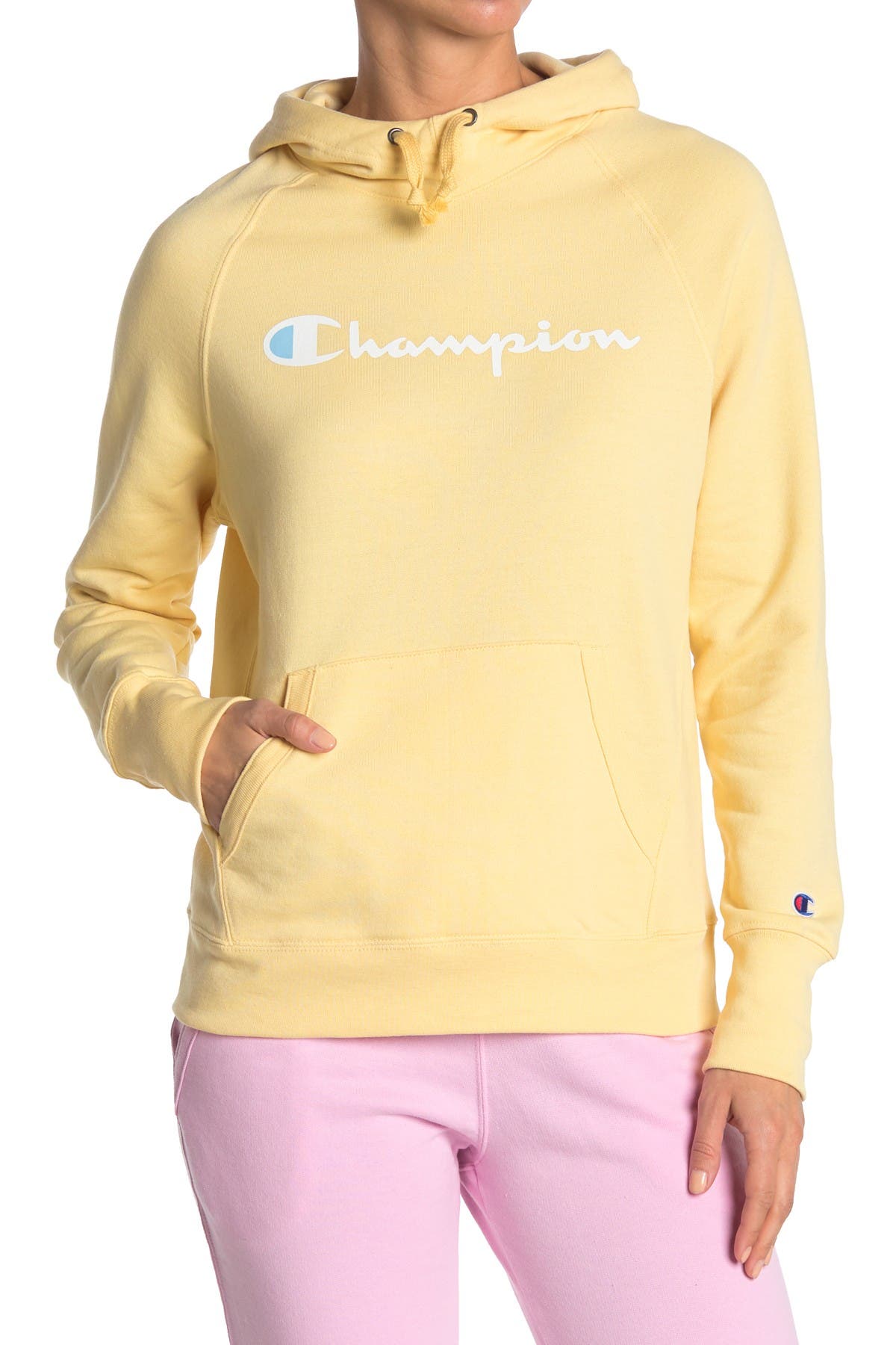 Champion Powerblend Graphic Print Hoodie In Yellow