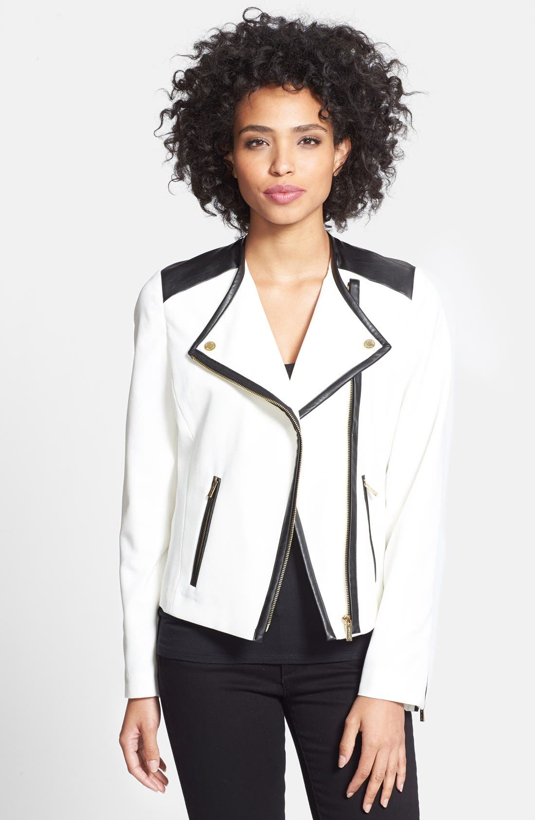 calvin klein faux leather trim coat