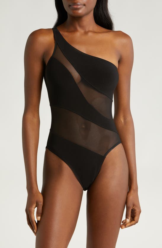 Shop Norma Kamali Snake Mesh One-shoulder Swimsuit In Black