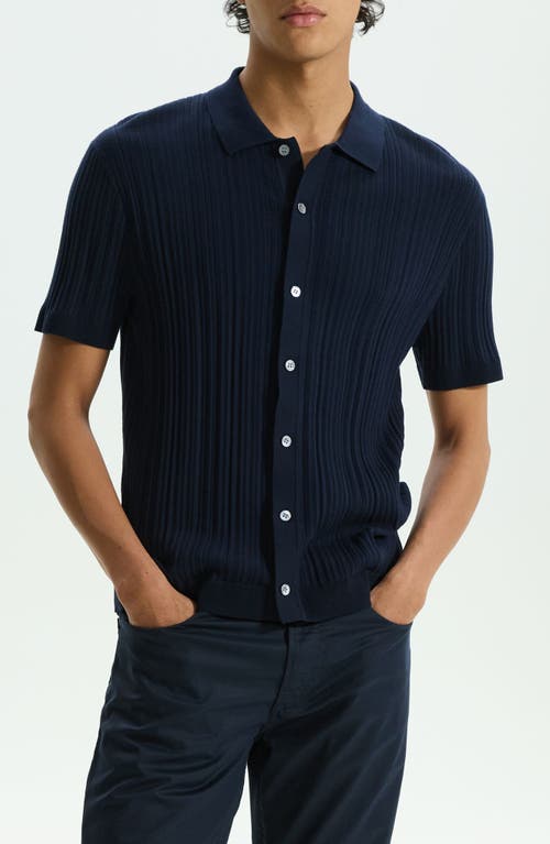Theory Cairn Rib Short Sleeve Button-up Knit Shirt In Black