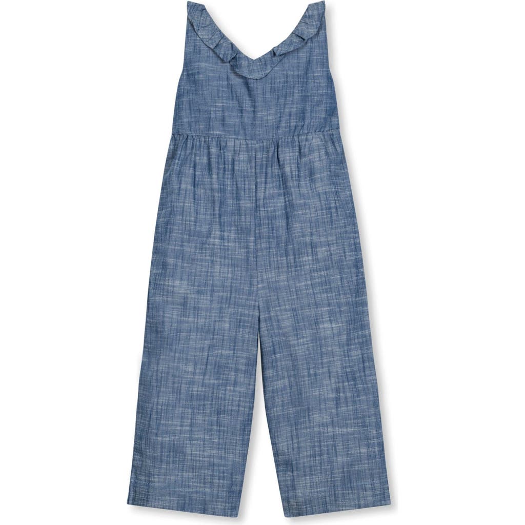 Hope & Henry Baby Girls' Organic Ruffle Neck Jumpsuit, Infant In Chambray