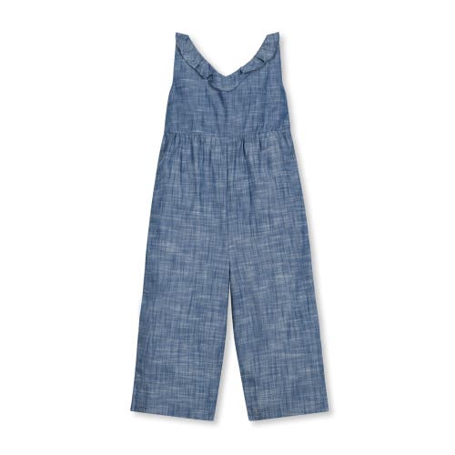 Shop Hope & Henry Girls' Organic Ruffle Neck Jumpsuit, Toddler In Chambray