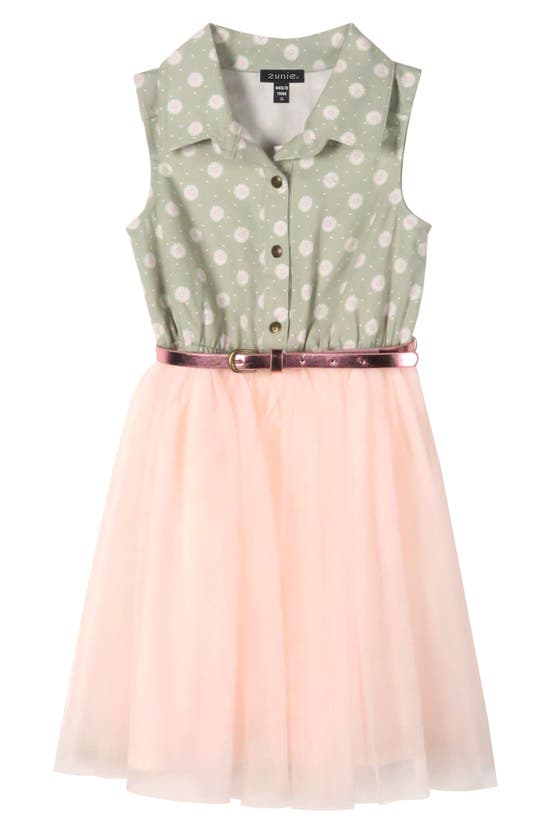 Zunie Kids' Sleeveless Daisy Dress In Sage/ Pink