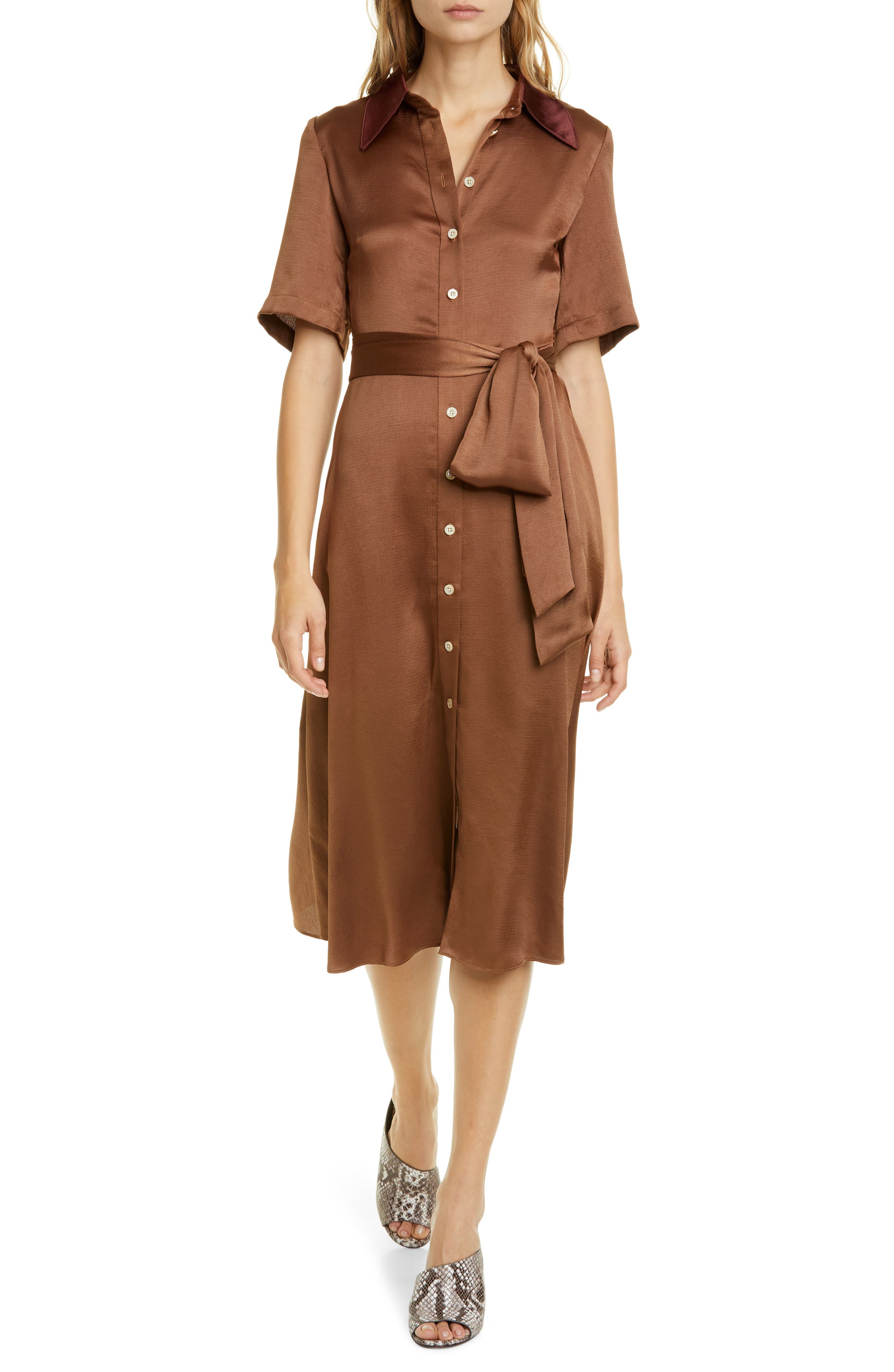 brown satin shirt dress