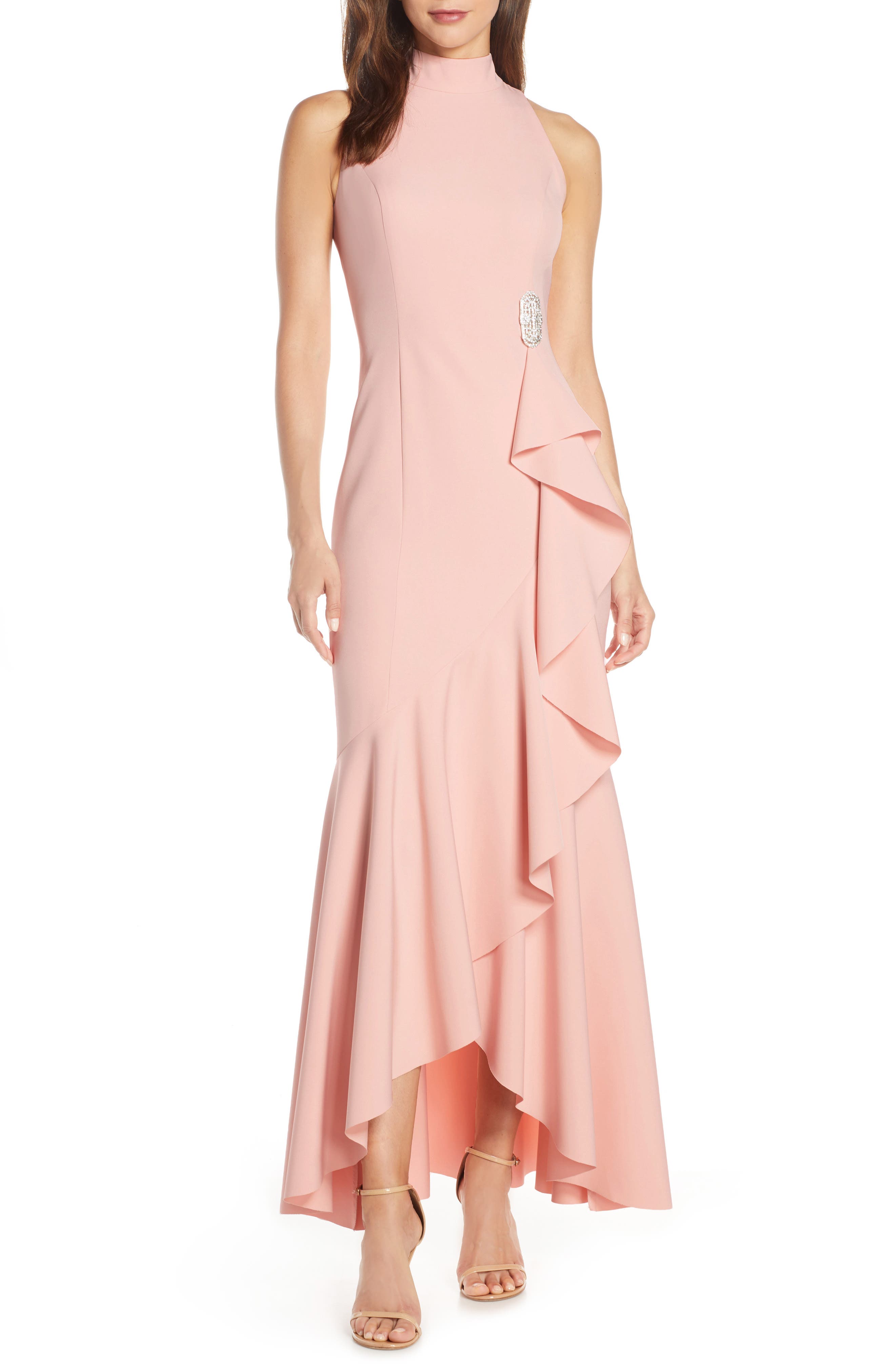 Vince Camuto Laguna Mock Neck Crepe Gown, Pink