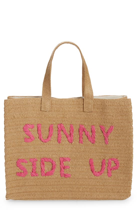 Btb Los Angeles Sunny Side Up Straw Tote In Sand/ Fuchsia
