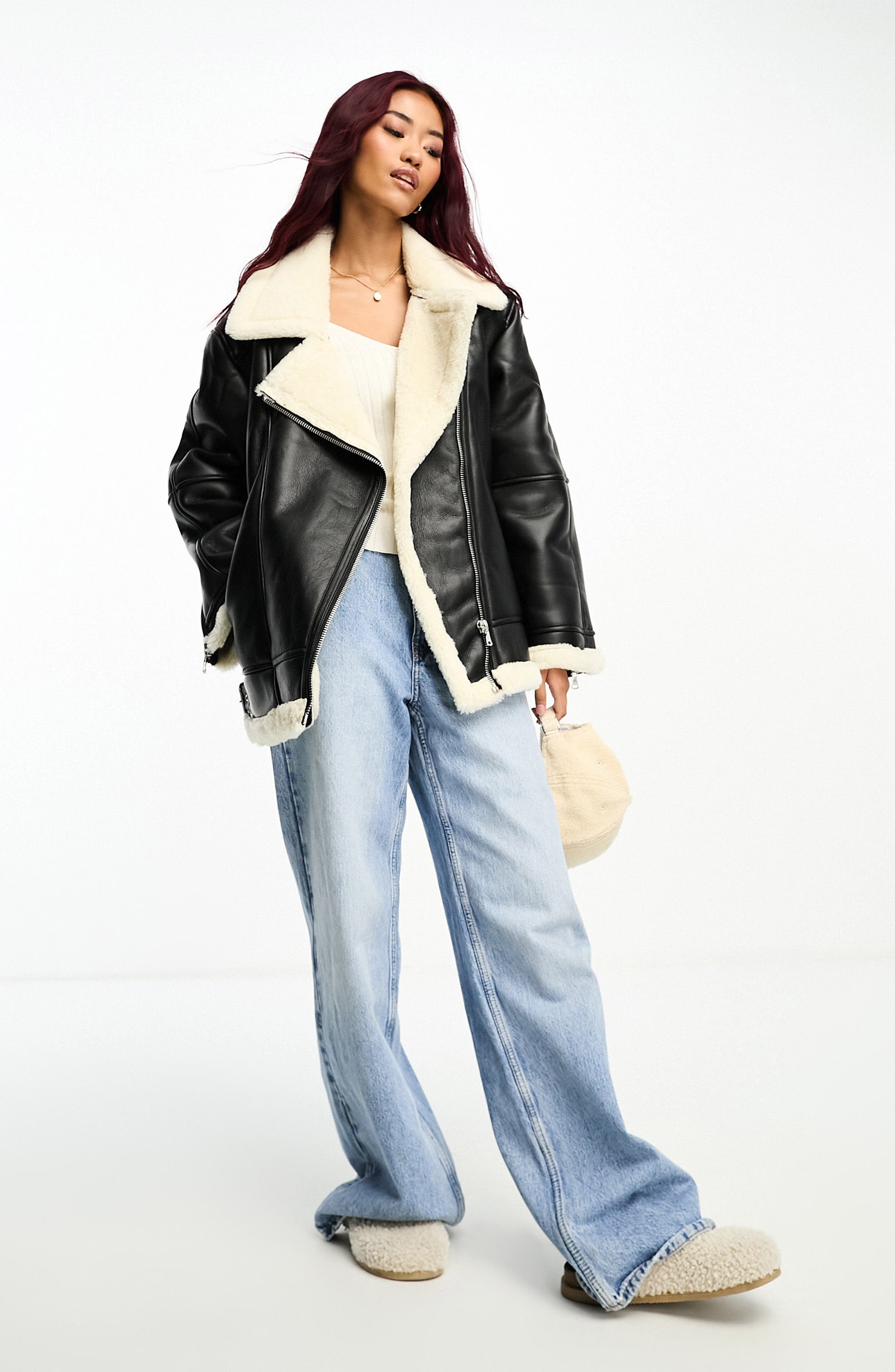 ASOS DESIGN Faux Leather & Faux Fur Aviator Jacket in Black 