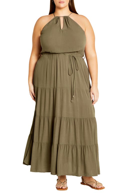 City Chic Stacey Keyhole Tiered Maxi Dress Olive at