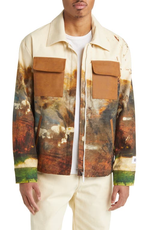 Landscape Print Cotton Zip-Up Jacket in Beige Multi