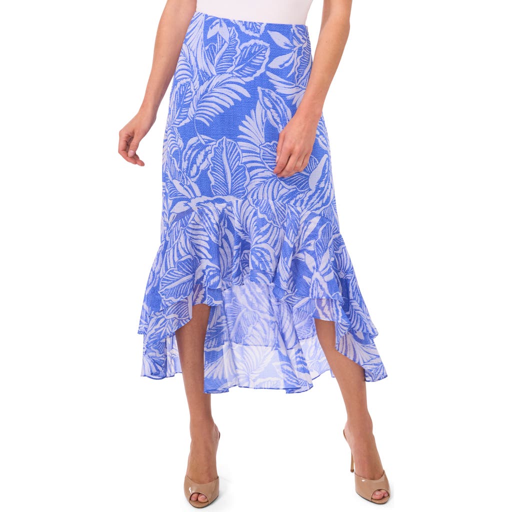 Cece Palm Print High-low Skirt In Tropic Night Blue