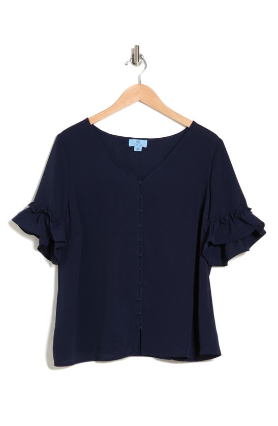 Cece Double Flutter Sleeve Button Front Blouse In Navy Blue