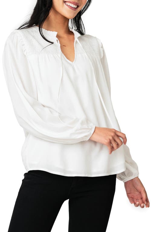 GIBSONLOOK Tie Neck Long Sleeve Smoked Yoke Blouse in Ivory 