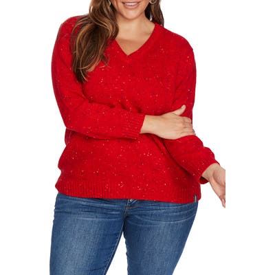 Plus Size Court & Rowe Speckled V-Neck Cotton & Wool Blend Sweater, Red
