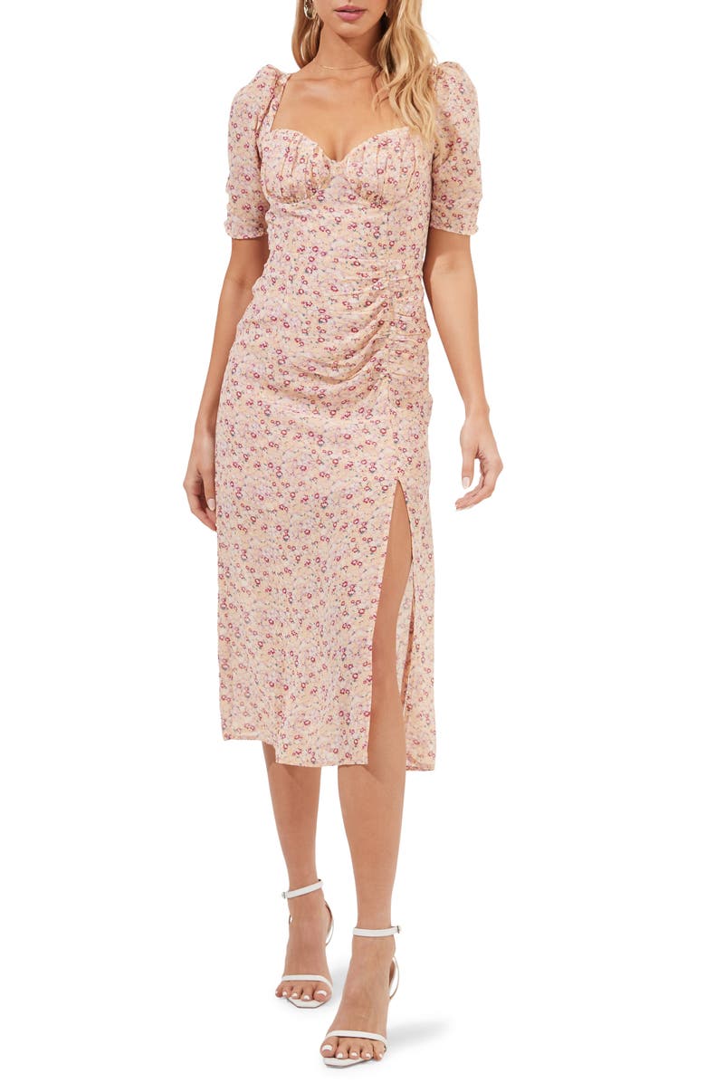 ASTR THE LABEL Floral Milkmaid Midi Dress, Main, color, YELLOW-RED DITSY