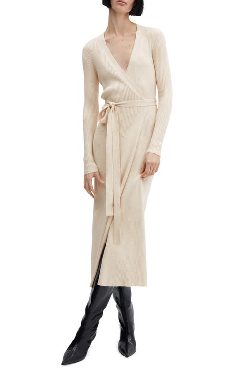 MANGO Long Sleeve Wrap Sweater Dress Beige at Nordstrom,