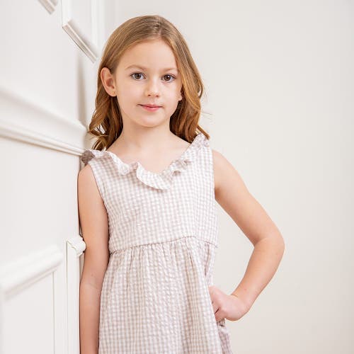 Shop Hope & Henry Girls' Organic Ruffle Neck Jumpsuit, Kids In Taupe Gingham Seersucker