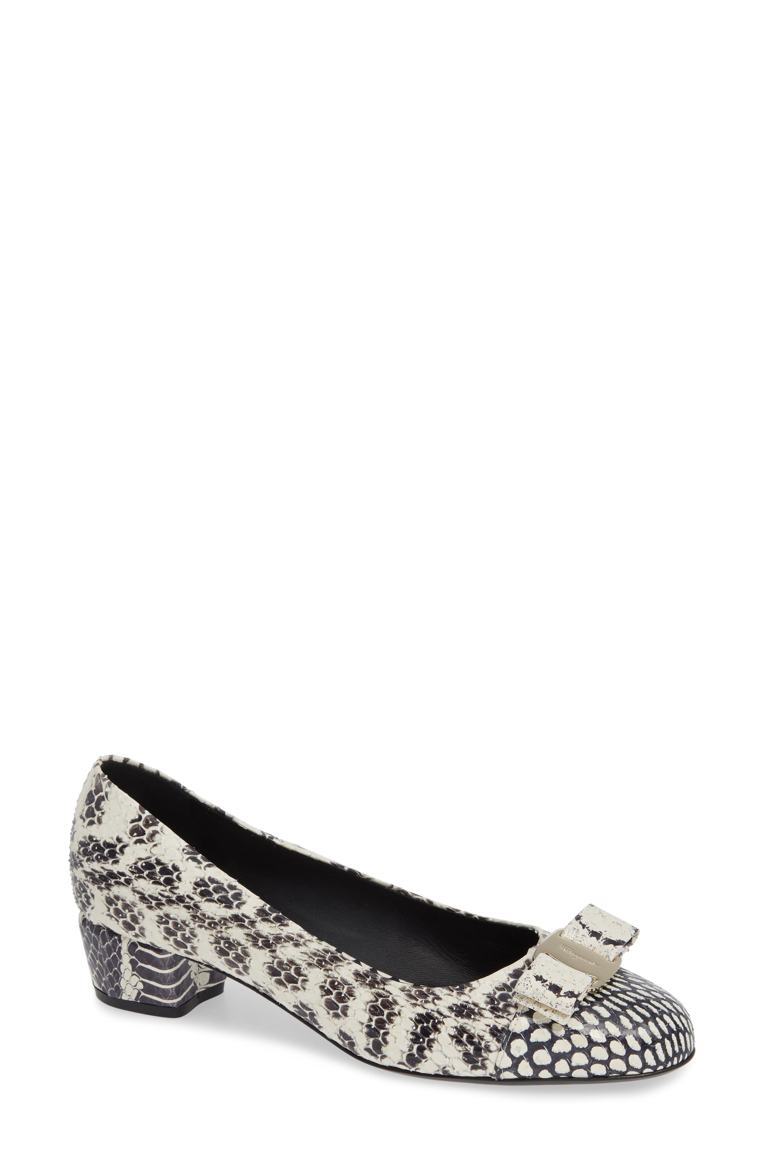 Salvatore Ferragamo Vara Snake Embossed Bow Pump, White