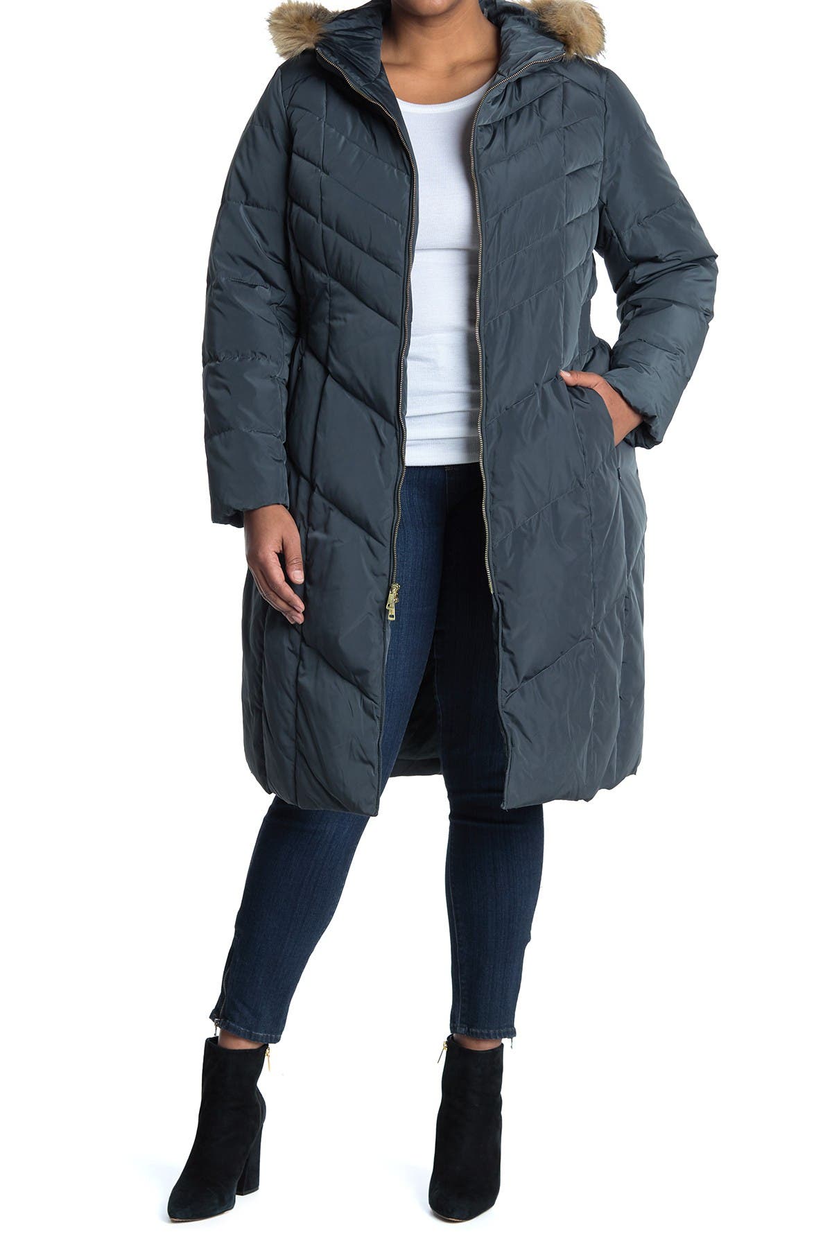 down & feather coat with faux fur hood cole haan