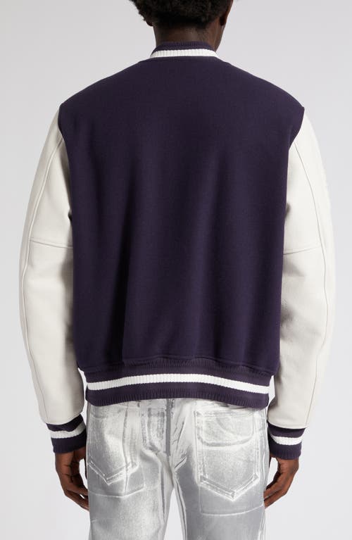 Shop Givenchy Embroidered Logo Mixed Media Leather & Wool Blend Varsity Jacket In Navy/white