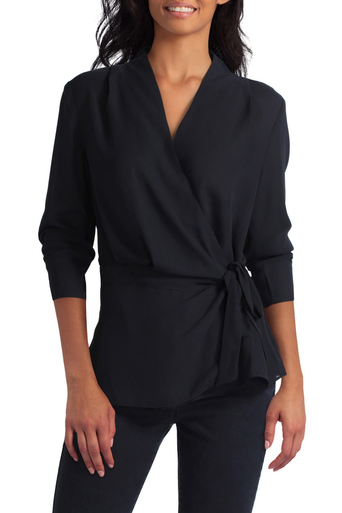 Pleated Long Sleeve Wrap Top Black