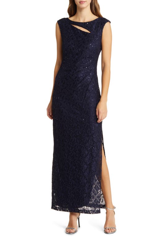 Sequin Lace Sheath Gown in Navy