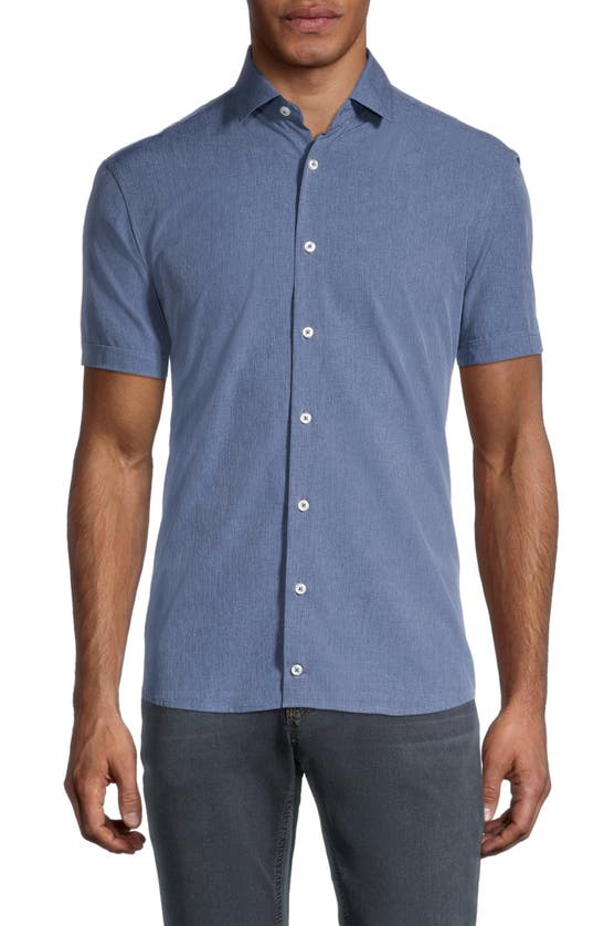 Soul Of London Microfiber Stretch Short Sleeve Button-down Shirt In Cobalt