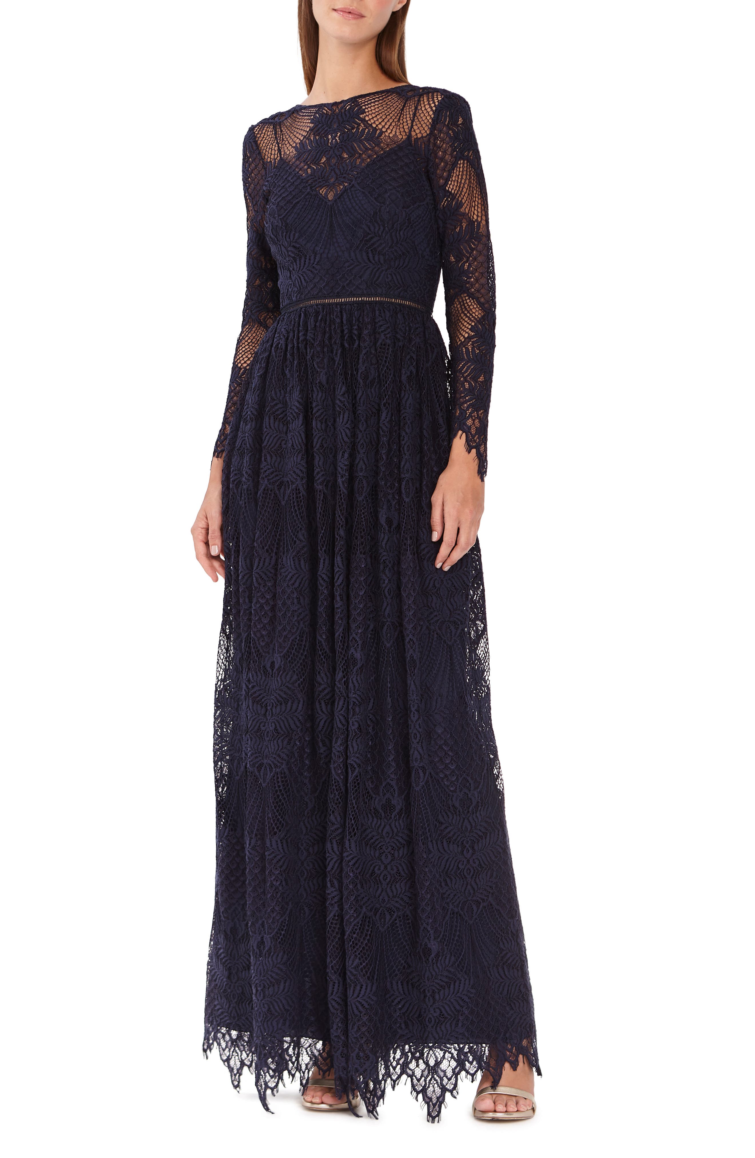 Ml Monique Lhuillier Long Sleeve Floral Lace Gown, Blue