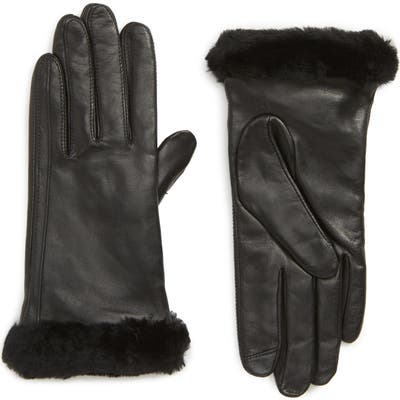 UGG Touchscreen Compatible Leather Gloves With Genuine Shearling Trim, Black