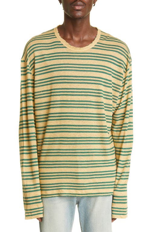 OUR LEGACY Lock Stripe Long Sleeve Linen T-Shirt in Golden Green Linen Stripe
