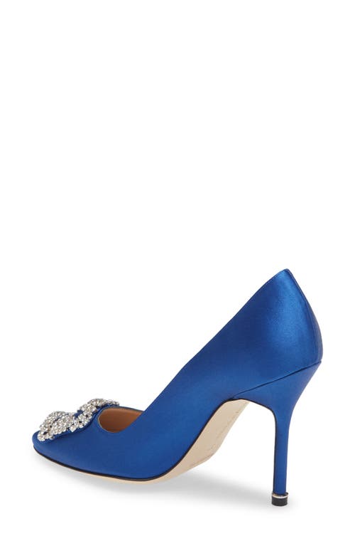 Shop Manolo Blahnik Hangisi Crystal Buckle Pump In Blue Satin Clear/buckle