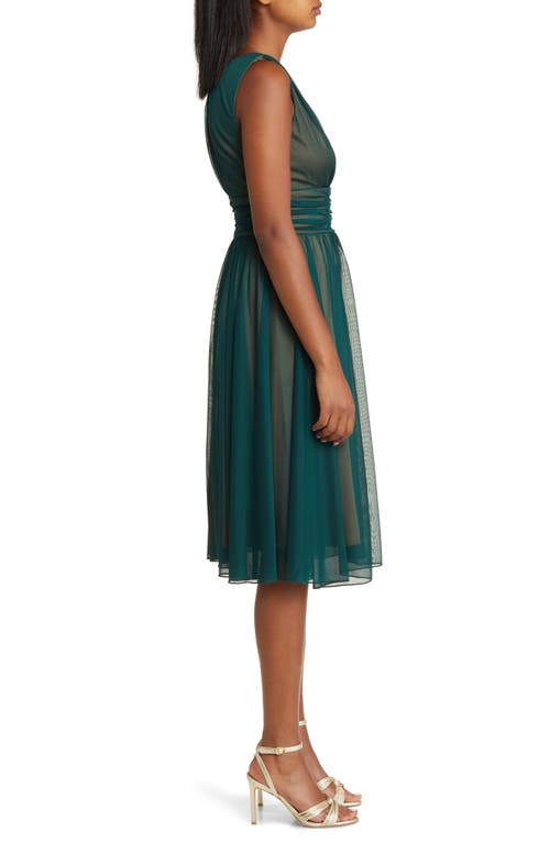 Connected Apparel Chiffon Overlay Fit & Flare Dress In Hunter/gold