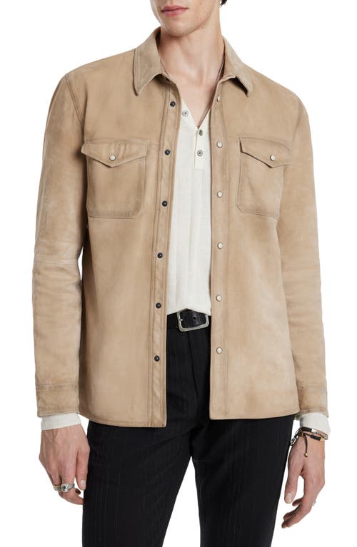 John Varvatos Lionnell Goat Suede Snap Up Shirt Jacket in Camel Smart Closet