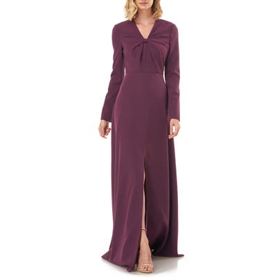 Kay Unger Long Sleeve Crepe Gown, Purple