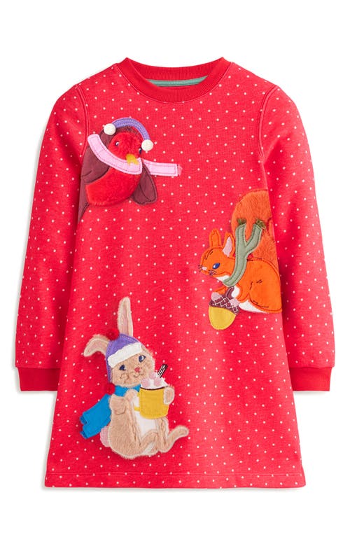 Mini Boden Kids' Ida Critter Appliqué Polka Dot Long Sleeve Graphic Sweatshirt Dress In Red