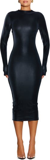 AMINA MUADDI Long Sleeve Faux Leather Bodysuit with Back Zip