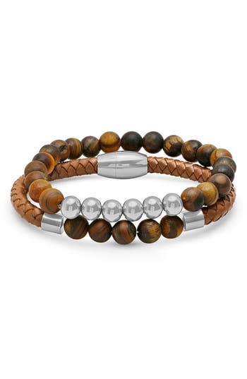 Hmy Jewelry Set Of 2 Beaded & Braided Leather Bracelets In Silver/brown