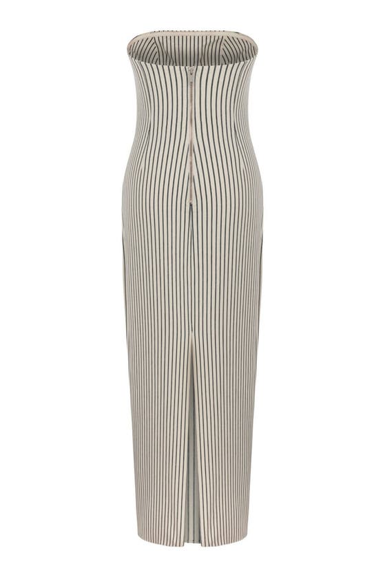 Shop Nocturne Striped Strapless Dress In Beige