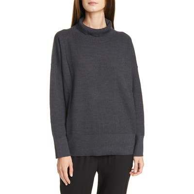 Eileen Fisher Funnel Neck Boxy Merino Sweater, Grey