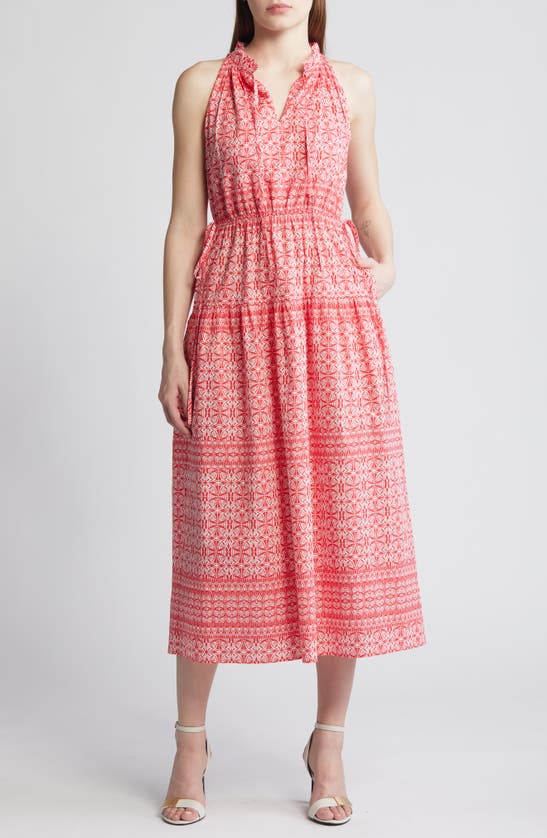 Shop Anne Klein Geo Print Tiered Sleeveless Cotton Midi Dress In Hibiscus Red/ Pearl White