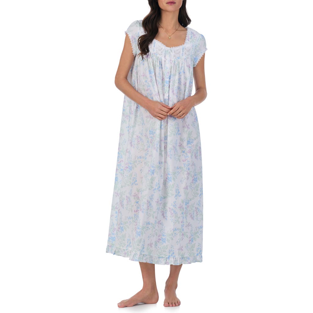Eileen West Watercolor Floral Cap Sleeve Ballet Cotton Lawn Nightgown In White