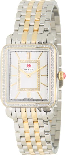 MICHELE Deco II Mid Two Tone 18K Gold Diamond Watch 26mm 0.45