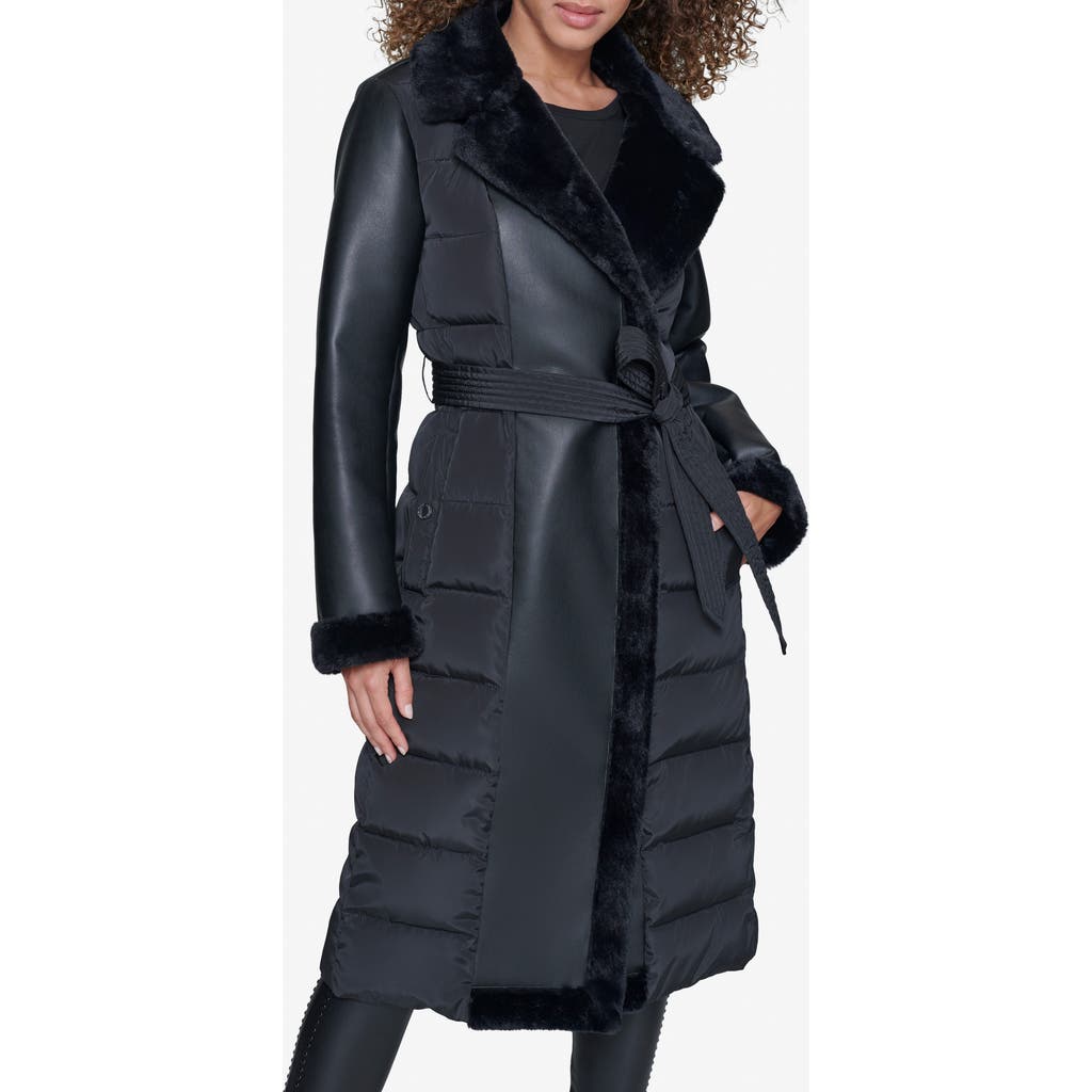 Karl Lagerfeld Paris Faux Fur Trim Quilted Coat In Black