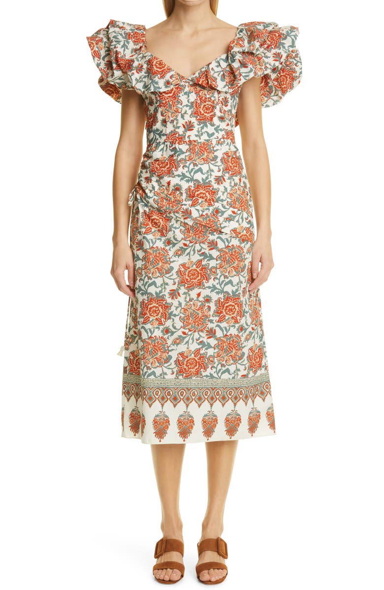 JOHANNA ORTIZ Art de Vivre Floral Cotton Midi Dress, Main, color, ROADTRIP RED PEPPER