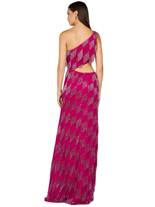 Shop Lara New York One Shoulder Fringe Gown In Raspberry